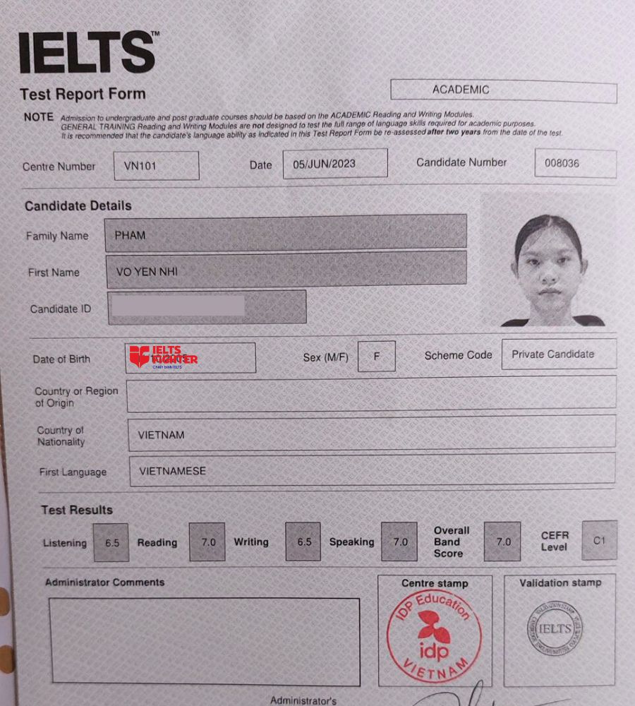 Yến Nhi v&agrave; th&agrave;nh t&iacute;ch 7.0 Overall