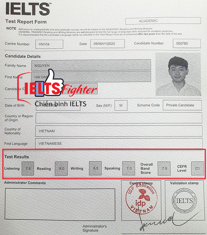 Học viên Hải đăng 7.5 IELTS IELTS Fighter