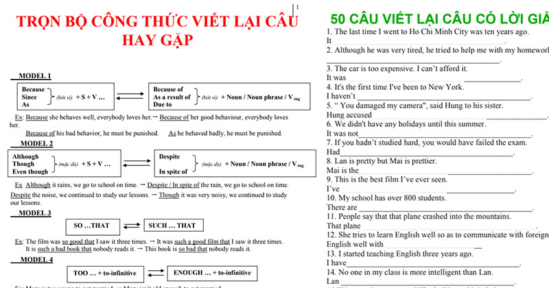 C&ocirc;ng thức viết lại c&acirc;u hay gặp