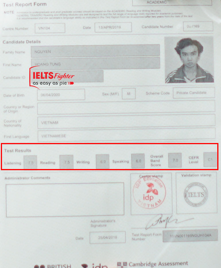 Bảng điểm học viên Tùng 7.0 IELTS