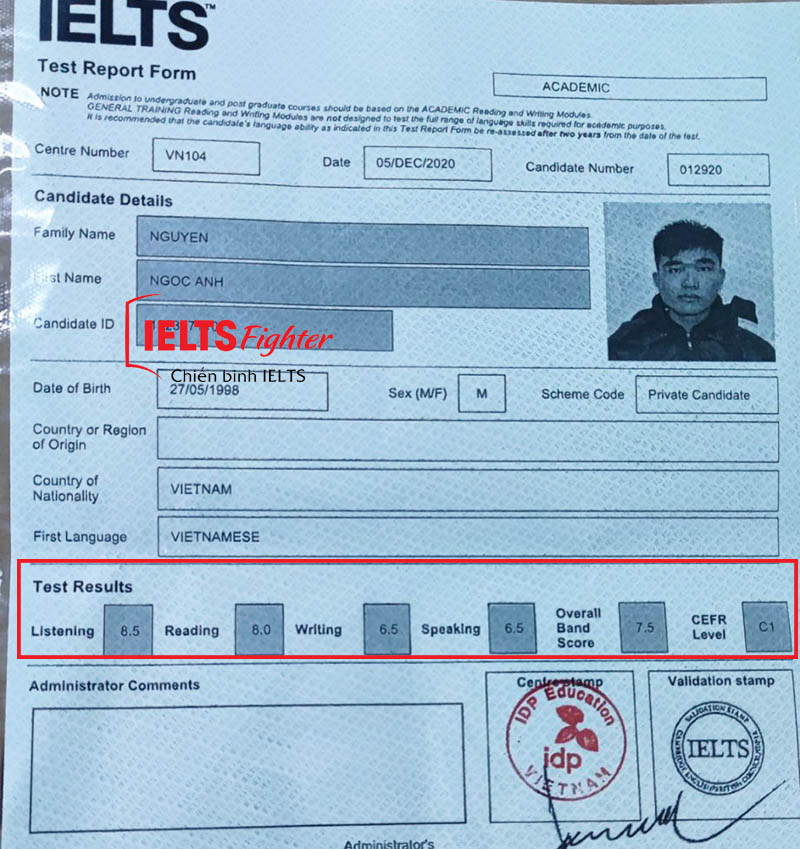 Ngọc Anh 7.5 IELTS bảng điểm