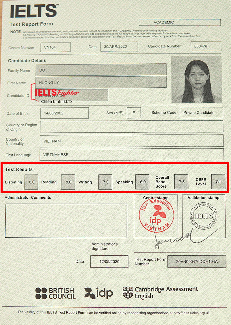 Bảng điểm học viên Hương Ly 7.5 IELTS