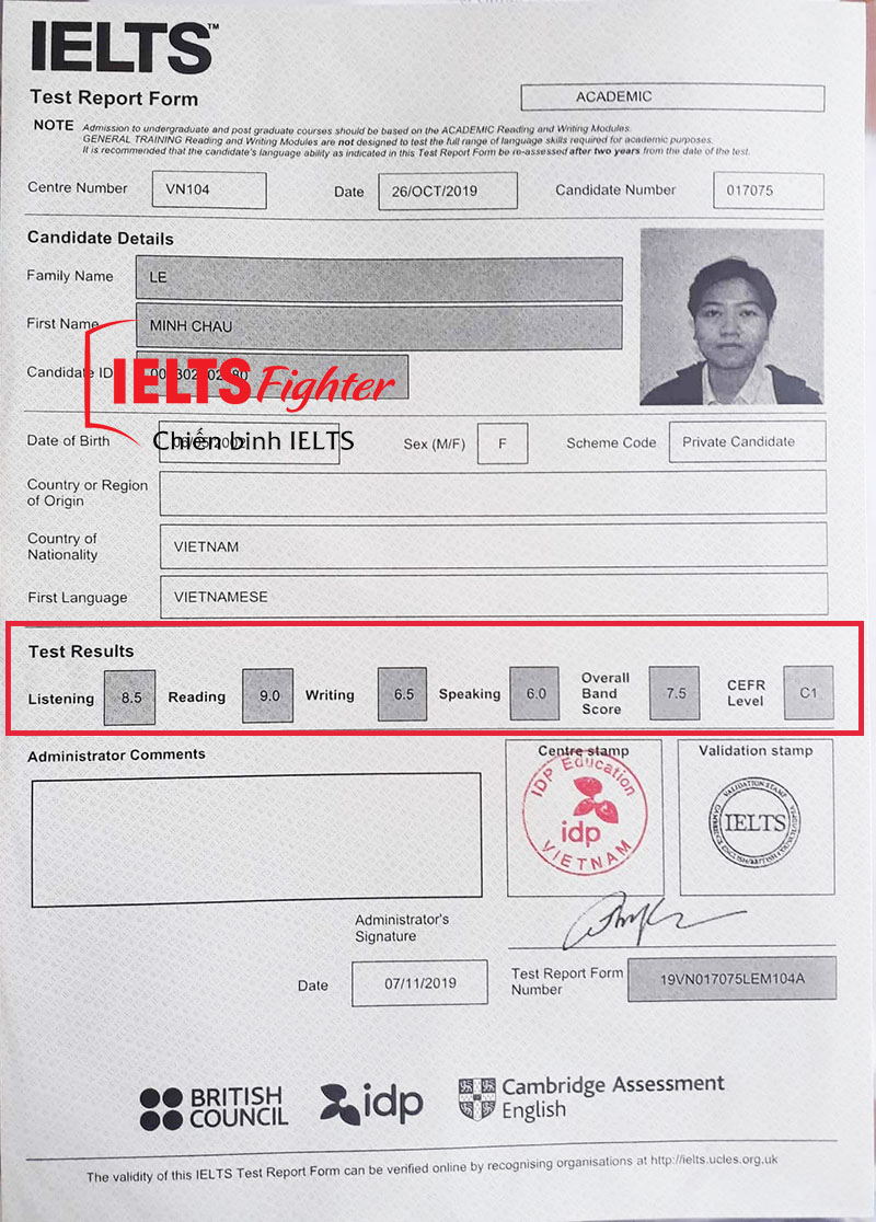 Bảng điểm học viên Minh Châu 7.5 IELTS