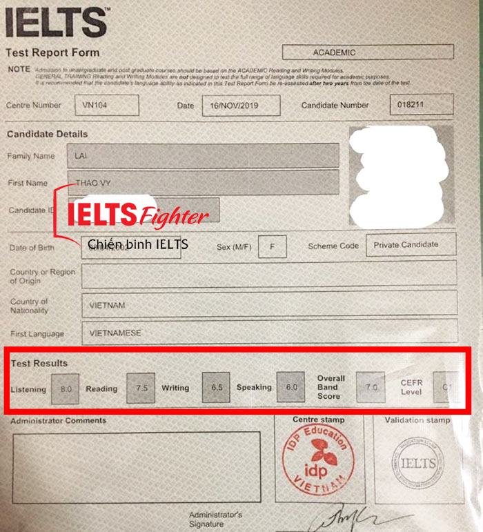 Bảng điểm học viên Lại Thảo Vy