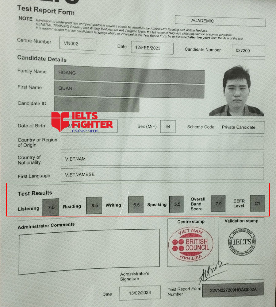 bảng điểm Ho&agrave;ng qu&acirc;n 7.0 ielts