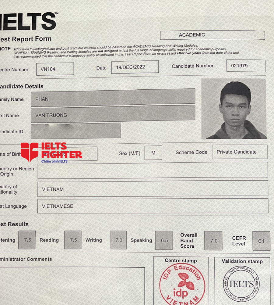 bảng điểm văn trường 7.0 ielts 
