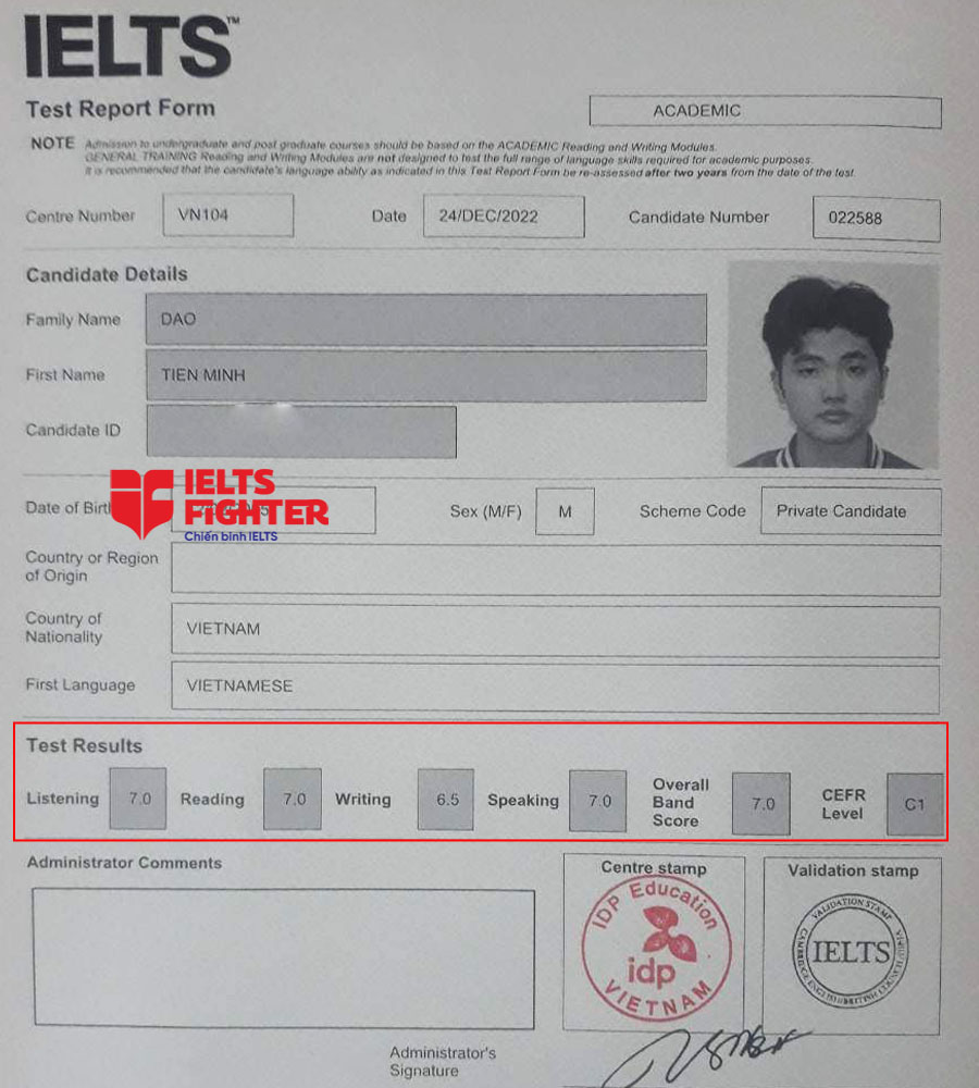 bảng điểm tiến đạt 7.5 ielts