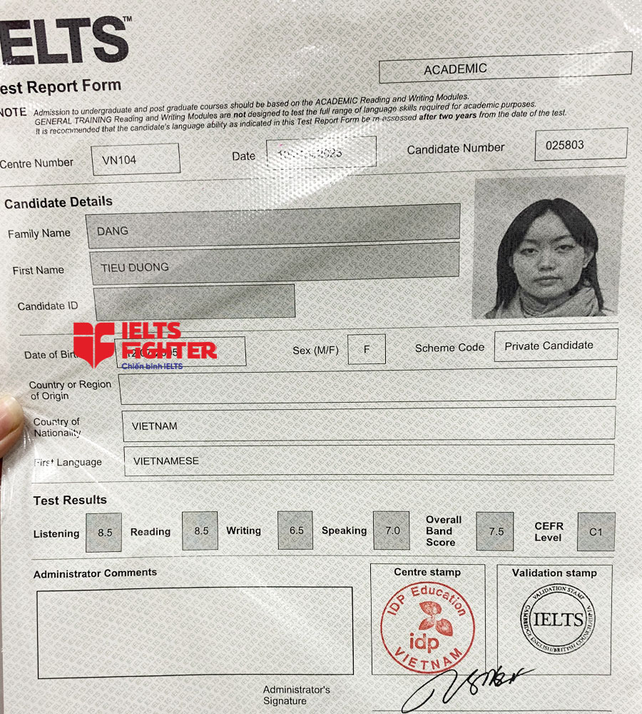 bảng điểm tiểu dương 7.5 ielts