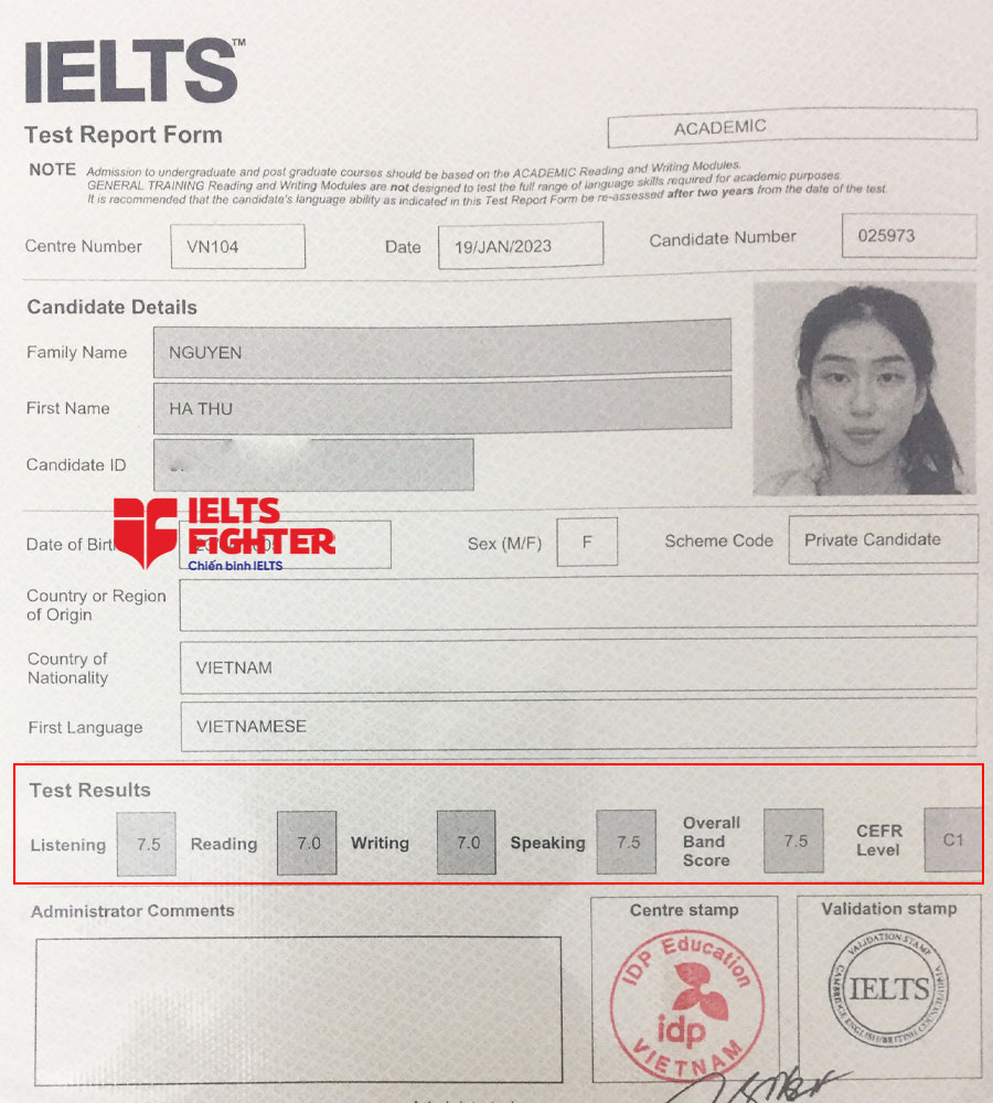 bảng điểm h&agrave; thu 7.0 ielts 1