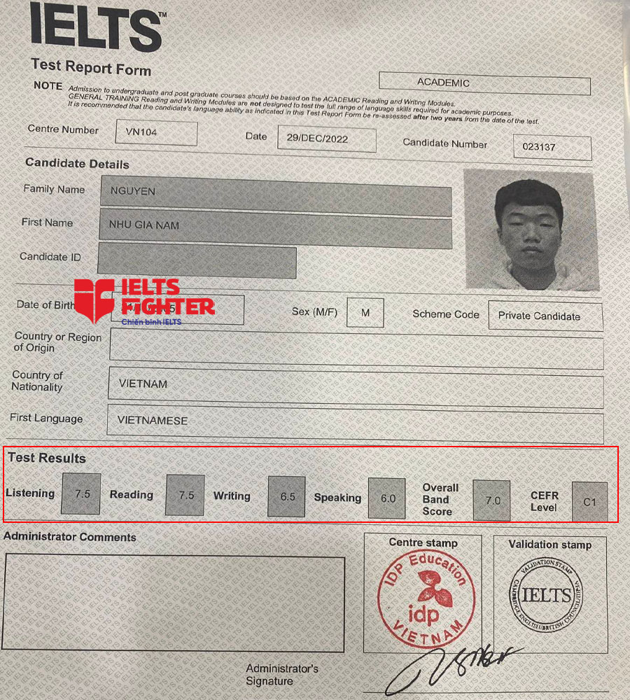 bảng điểm gia nam 7.0 ielts