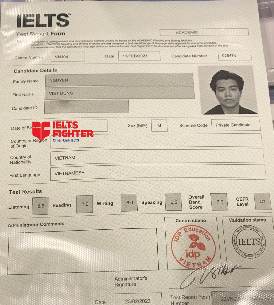 bảng điểm việt dung 7.0 ielts
