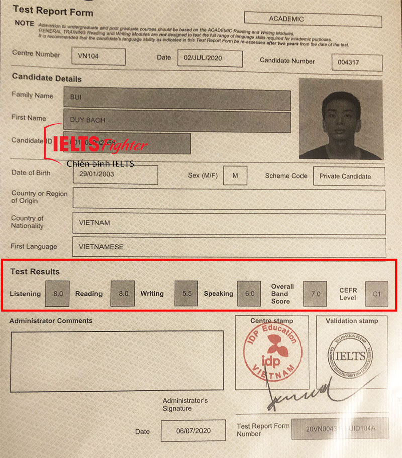 Bảng điểm học viên Bách 7.0 IELTS