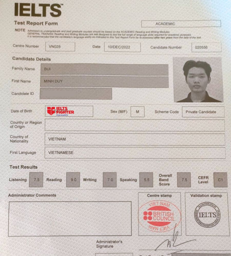 Minh Duy xuất sắc đạt 7.5 overall