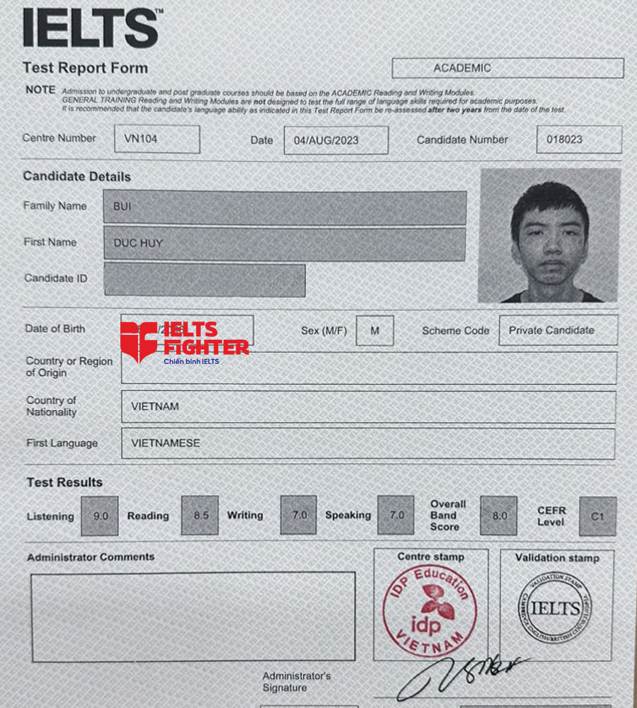 bảng điểm Đức Huy 7.5 IELTS