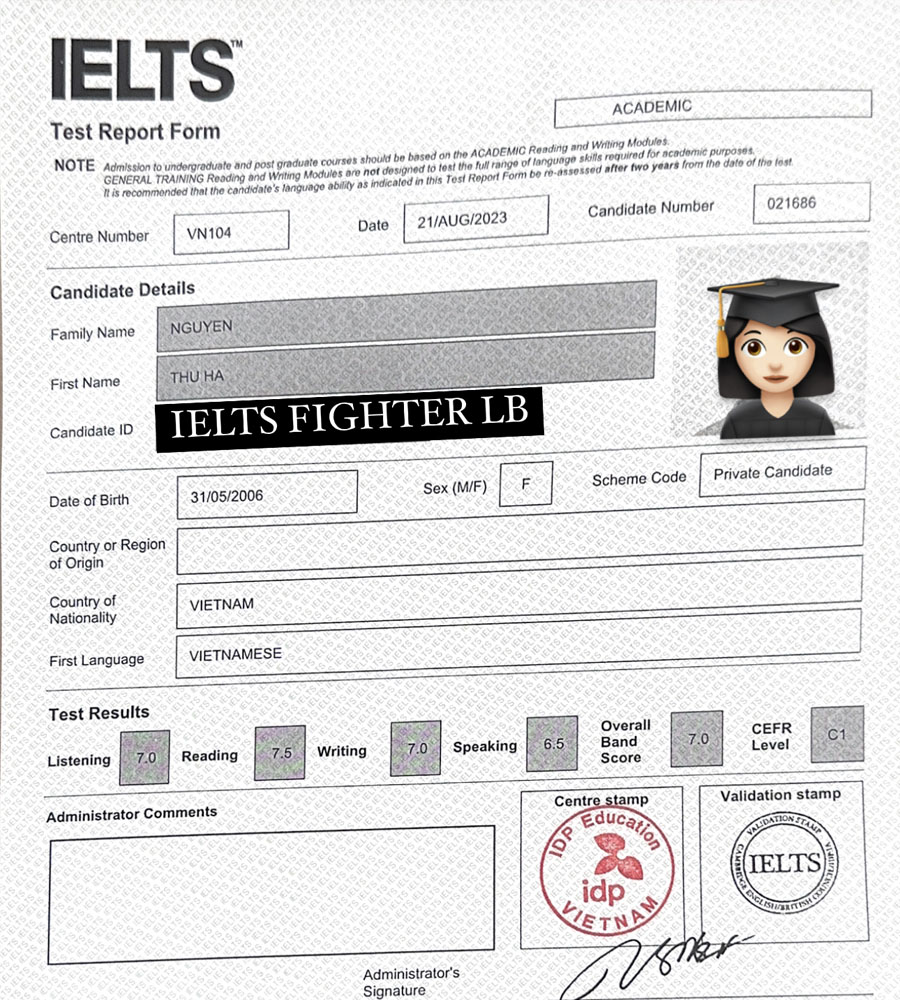 bảng điểm Thu h&agrave; 7.0 IELTS