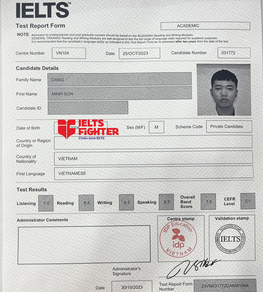 bảng điểm minh sơn 7.5 IELTS