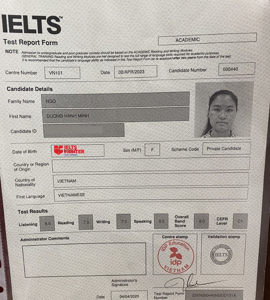 Hạnh Minh v&agrave; th&agrave;nh t&iacute;ch 8.0 Overall