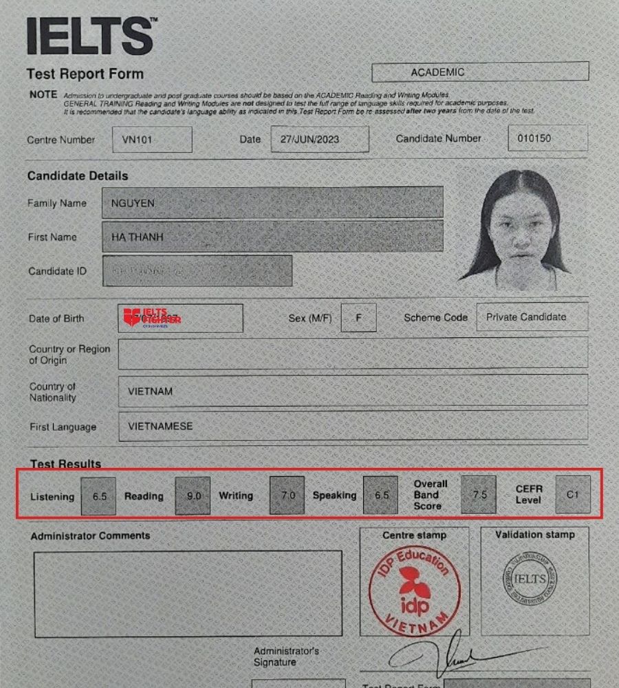 H&agrave; Thanh th&agrave;nh c&ocirc;ng đạt 7.5 Overall