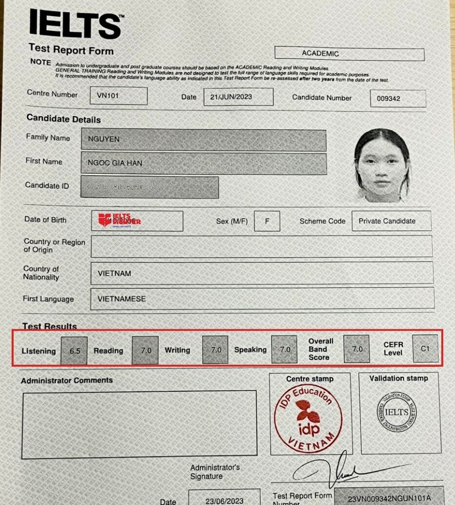 Bảng điểm 7.0 IELTS của nữ sinh 2k6 THPT Gia Định 
