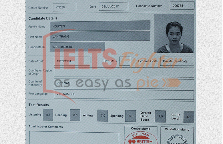 Điểm số 7.5 IELTS của Vân Trang.