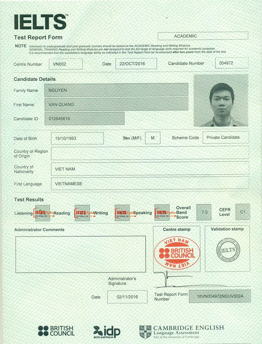 vinh danh học viên Nguyễn Văn Quang lớp A73 xuất sắc giành 7.0 IELTS