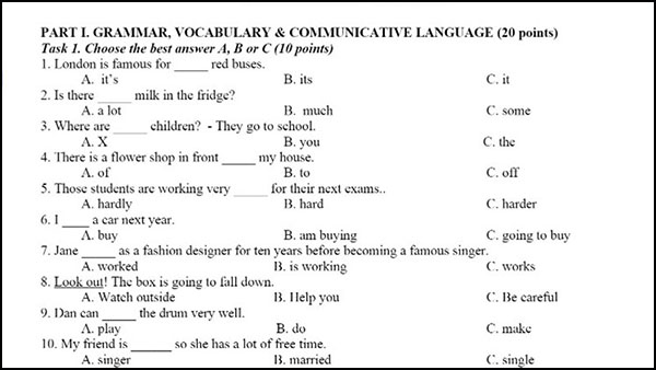 Minh họa đề thi CEFR phần thi Ngữ ph&aacute;p