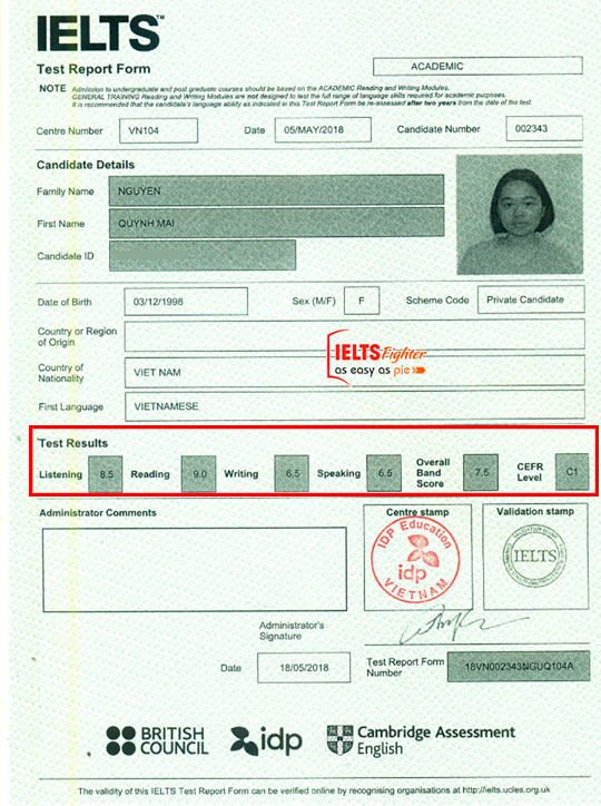 Bảng điểm học viên Quỳnh Mai