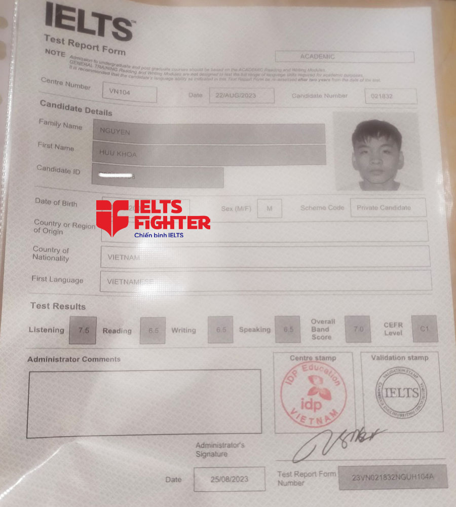 bảng điểm Hữu khoa 7.0 IELTS