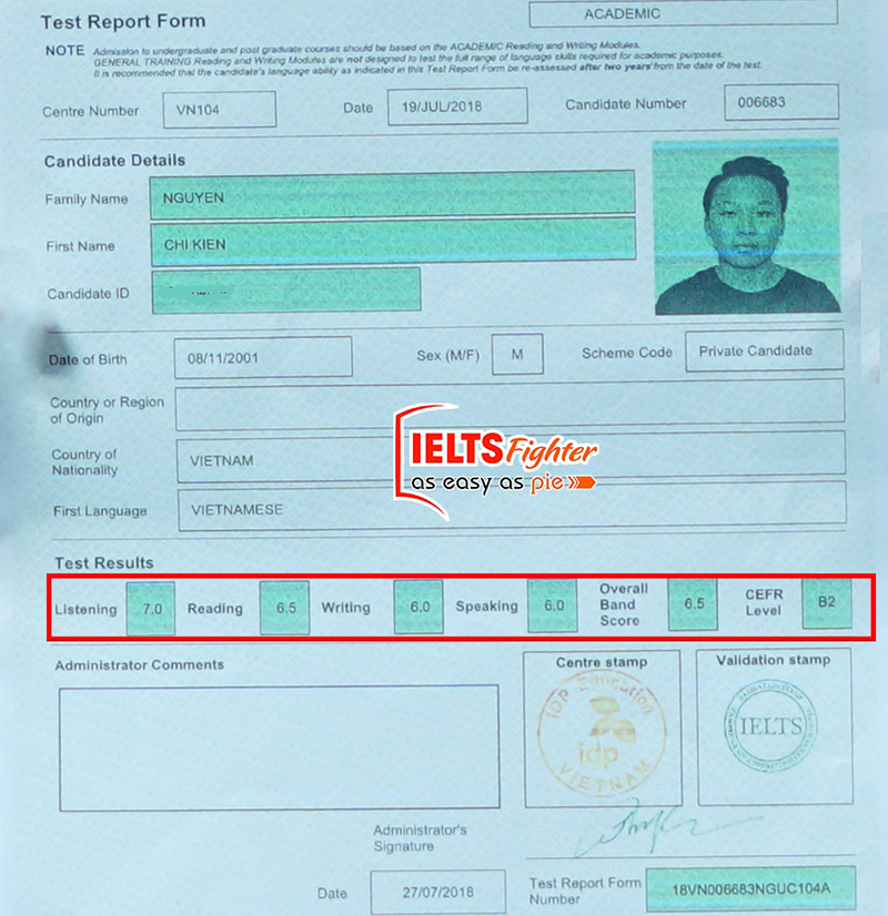 Bảng điểm của Chí Kiên 6.5 IELTS