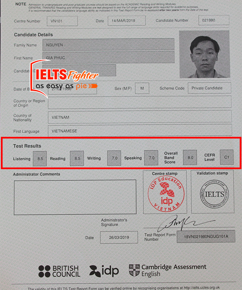 Bảng điểm học vi&ecirc;n Gia Ph&uacute;c 8 IELTS - IELTS Fighter