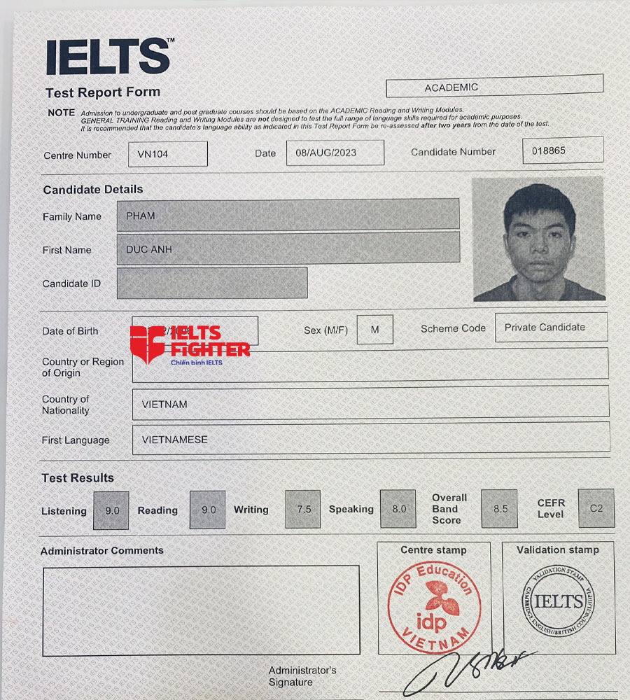 bảng điểm anh đức 8.5 IELTS 