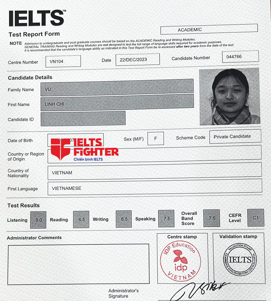 bảng điểm Linh Chi 7.5 IELTS