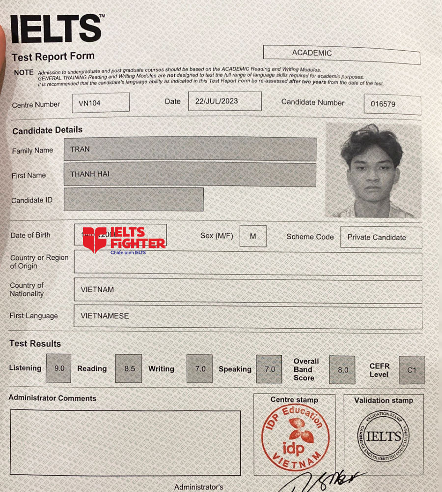 bảng điểm thanh hải 8.0 IELTS