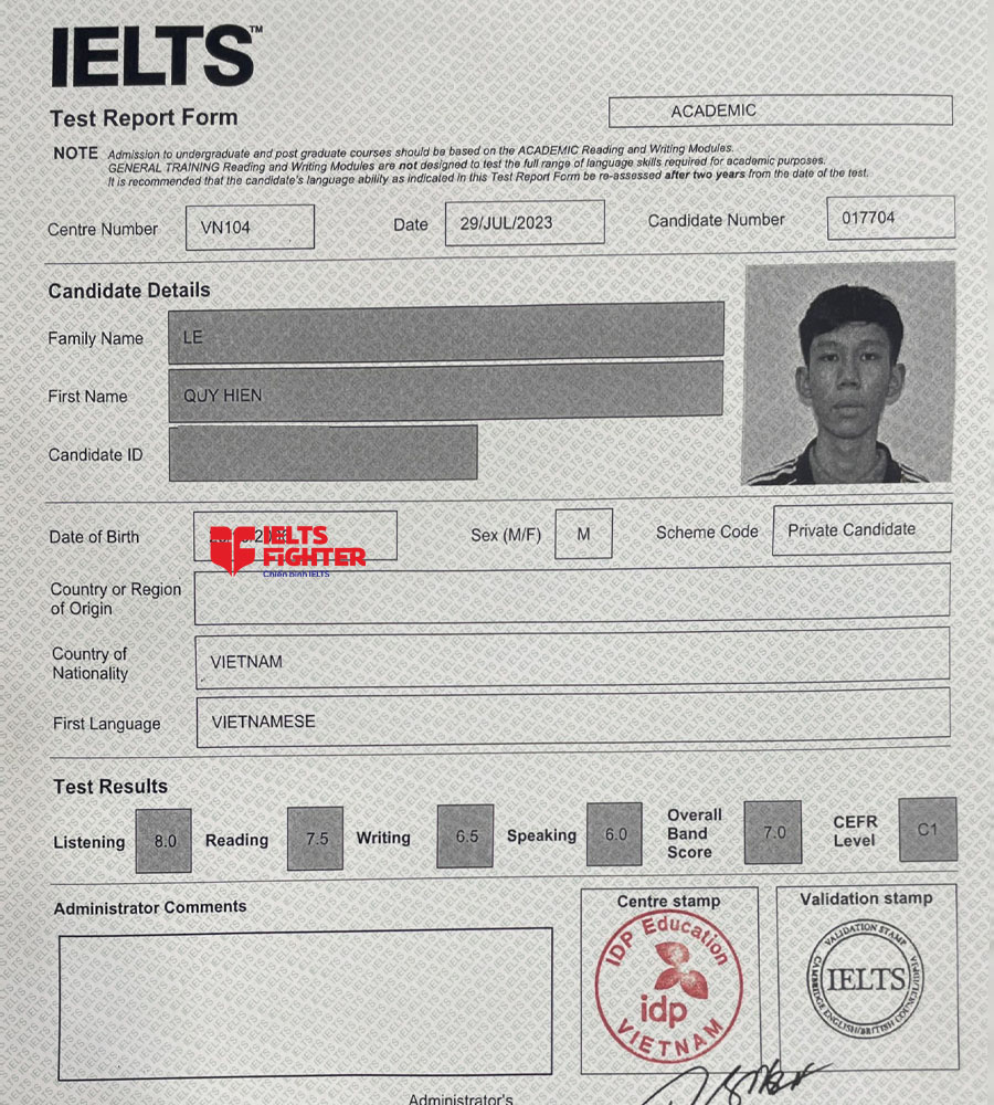 bảng điểm qu&yacute; hiển 7.0 IELTS