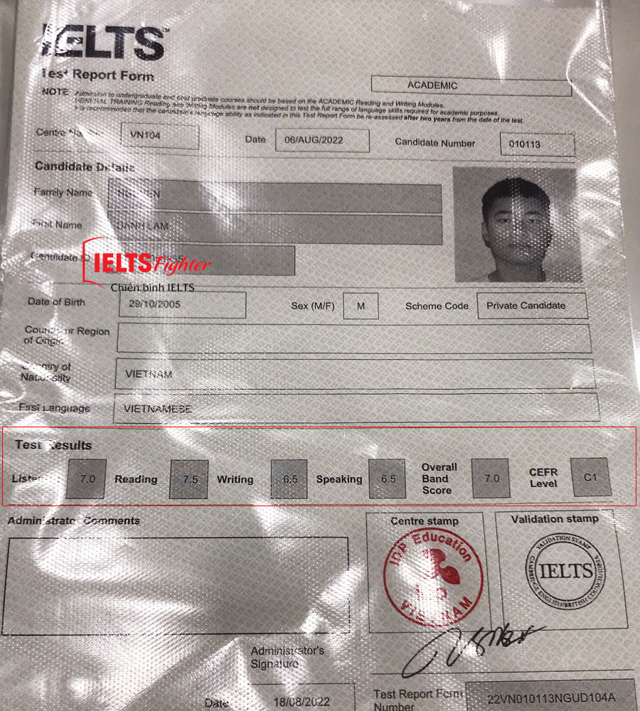 bảng điểm Danh l&acirc;m 7.5 ielts - thpt marie curie 